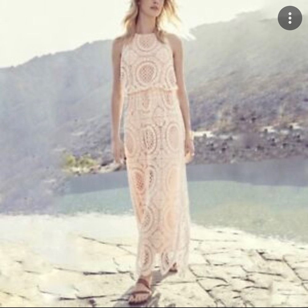 Eliza J Crotchet Lace Maxi Dress Size 14 Boho Wedding Guest Vacation Ivory Pink